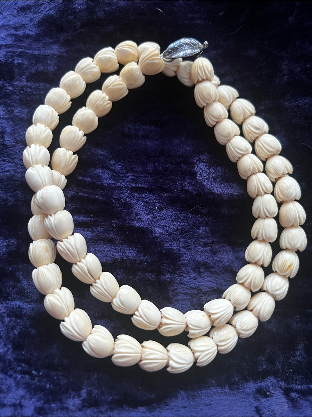 Vintage Ming’s Carved Bead 26” Sterling Silver Necklace